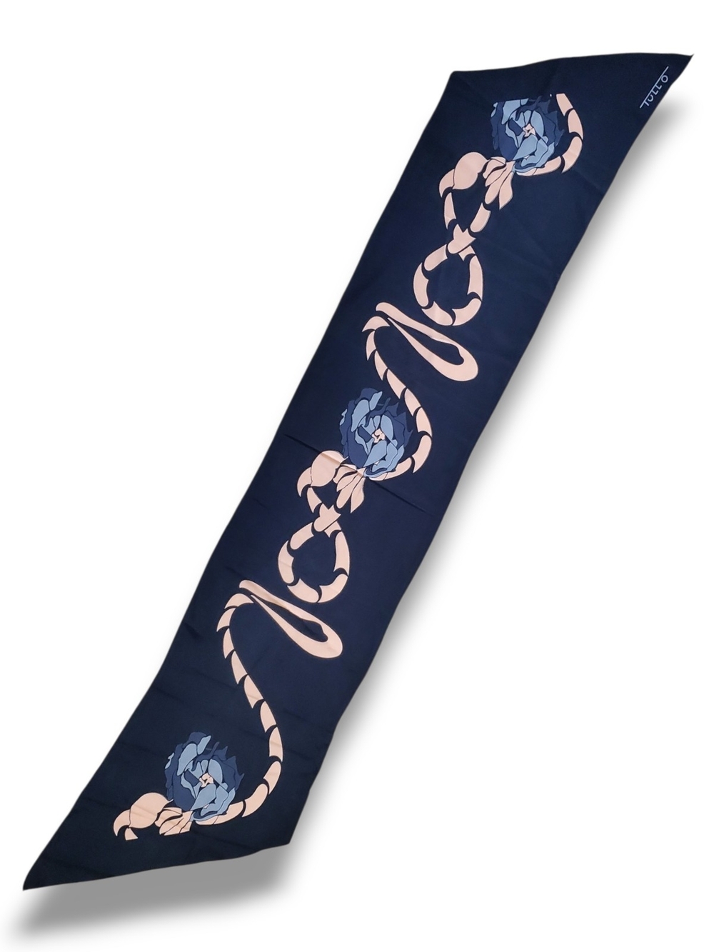 Vintage Norma Tullo Oblong Scarf Navy Blue Peach Abstract Figural Silk 11x53